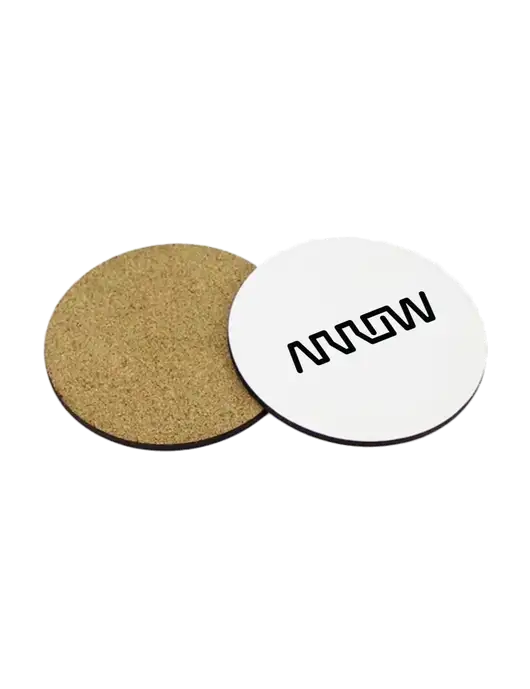 Gloss White Hardboard Round Coaster w/Cork Back, 3.75 w/Arrow Electronics Logo