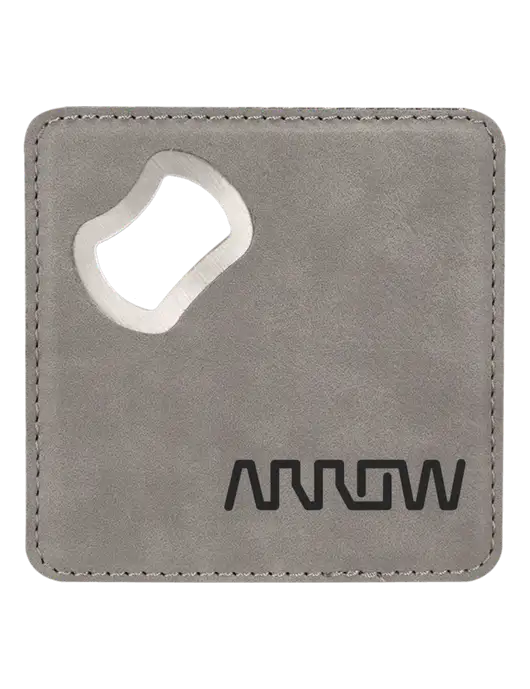 Grey Leatherette Coaster with Bottle Opener w/Arrow Electronics Logo