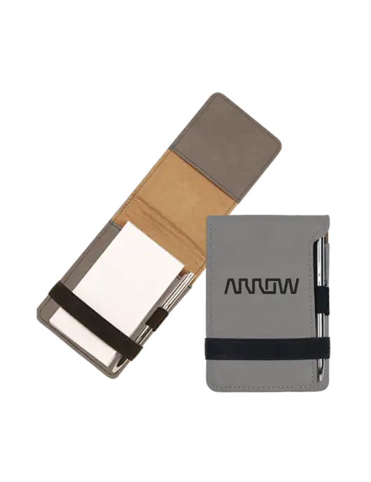 Grey Leatherette Mini Notepad with Pen,  3.25 x 4.75 w/Arrow Electronics Logo