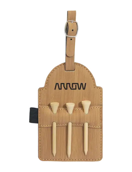Bamboo Leatherette Golf Bag Tag with 3 Wooden Tees w/Arrow Electronics Logo