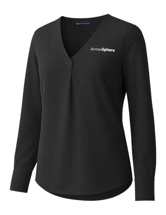 Brooks Brothers Womens Black Open-Neck Satin Blouse  w/Arrow Sphere Logo
