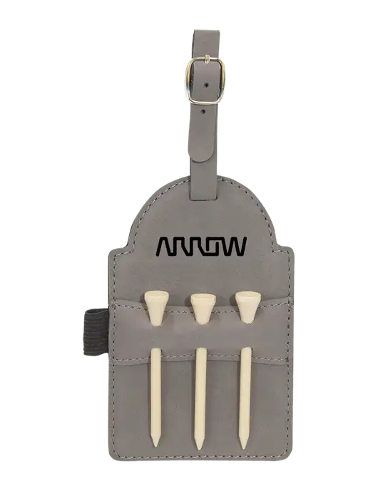 Grey Leatherette Golf Bag Tag with 3 Wooden Tees w/Arrow Electronics Logo