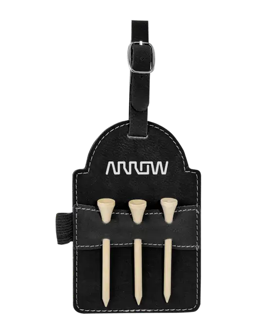 Black Leatherette Golf Bag Tag with 3 Wooden Tees w/Arrow Electronics Logo