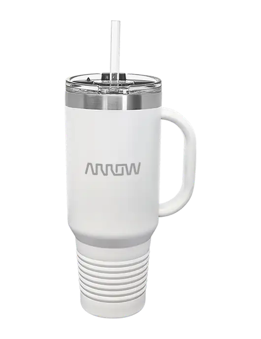 Polar Camel 40 oz. Powder Coated Vacuum Insulated White Travel Mug with Straw w/Arrow Electronics Logo