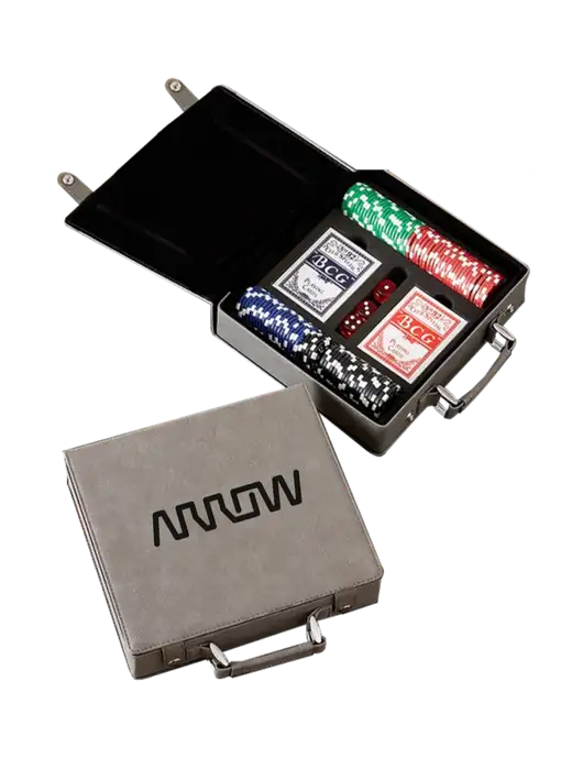 Grey Leatherette 100 Chip Poker Set w/Arrow Electronics Logo