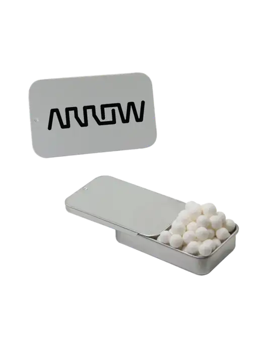 Signature Peppermints In Silver Slider Tin w/Arrow Electronics Logo