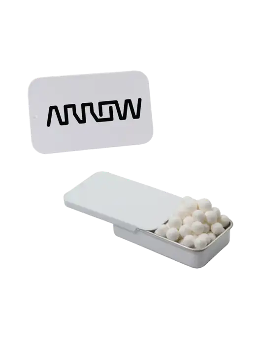 Signature Peppermints In White Slider Tin w/Arrow Electronics Logo