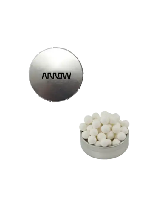 Signature Peppermints In Silver Snap Top Tin  w/Arrow Electronics Logo