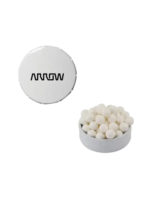 Signature Peppermints In White Snap Top Tin  w/Arrow Electronics Logo