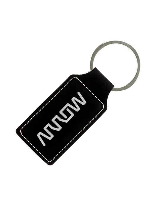 Black Laserable Leatherette Rectangle Keychain w/Arrow Electronics Logo
