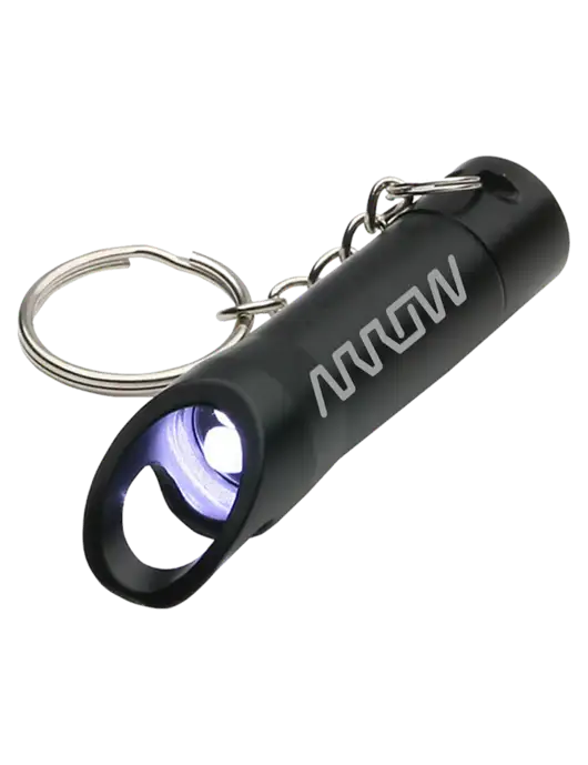 Black Pocket LED Flashlight with Bottle Opener & Keychain w/Arrow Electronics Logo