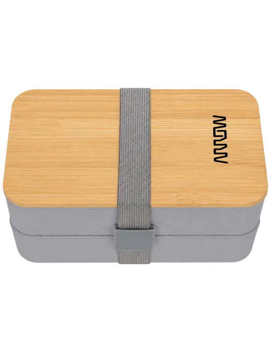 Double Decker Light Medium Grey Lunch Box w/Eco-Friendly FSC Bamboo Lid & Reusable Utensils w/Arrow Electronics Logo