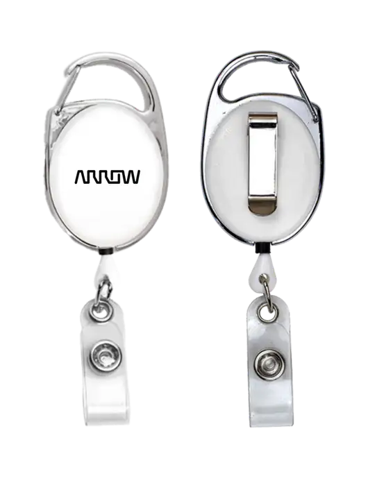 White Carabiner Style Badge Reel and Badge Holder w/Arrow Electronics Logo