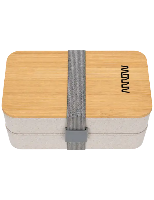 Double Decker Natural Ivory Lunch Box w/Eco-Friendly FSC Bamboo Lid & Reusable Utensils w/Arrow Electronics Logo