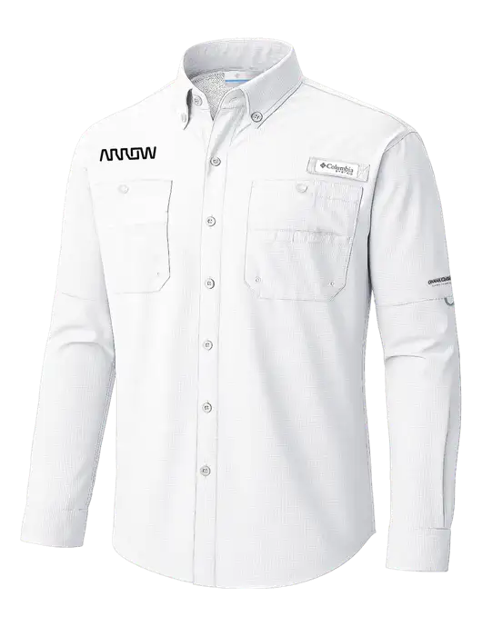 Columbia White PFG Tamiami II Long SleeveShirt w/Arrow Electronics Logo