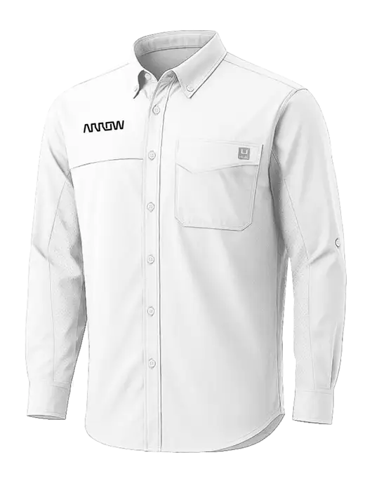 HUK White Tide Point Pocket Long Sleeve Fishing Shirt w/Arrow Electronics Logo