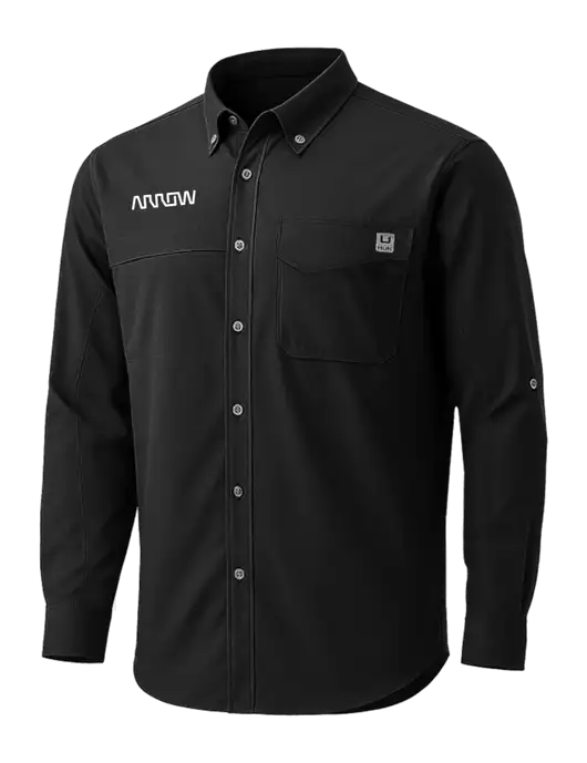 HUK Black Tide Point Pocket Long Sleeve Fishing Shirt w/Arrow Electronics Logo