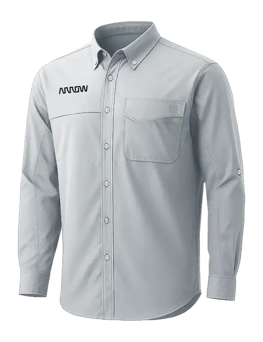 HUK Light Grey Tide Point Pocket Long Sleeve Fishing Shirt w/Arrow Electronics Logo