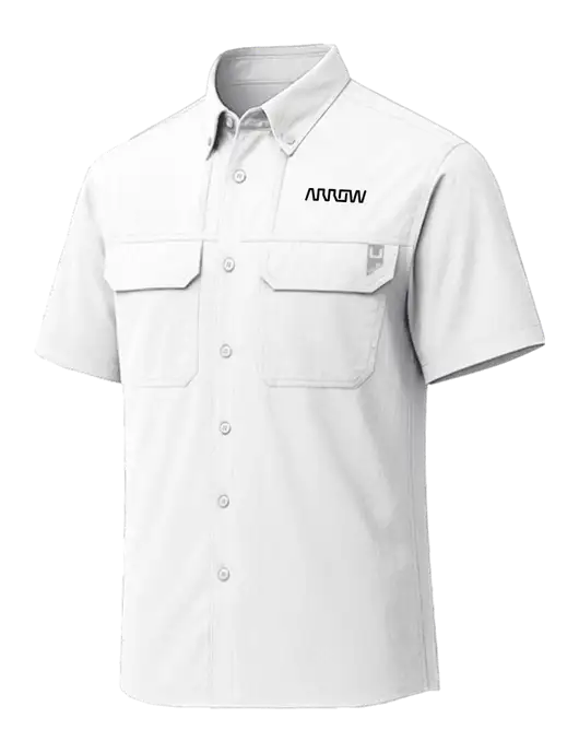HUK White Creekbed Short Sleeve Shirt w/Arrow Electronics Logo