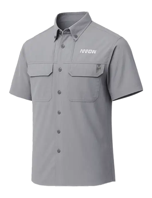 HUK Light Medium Grey Creekbed Short Sleeve Shirt w/Arrow Electronics Logo