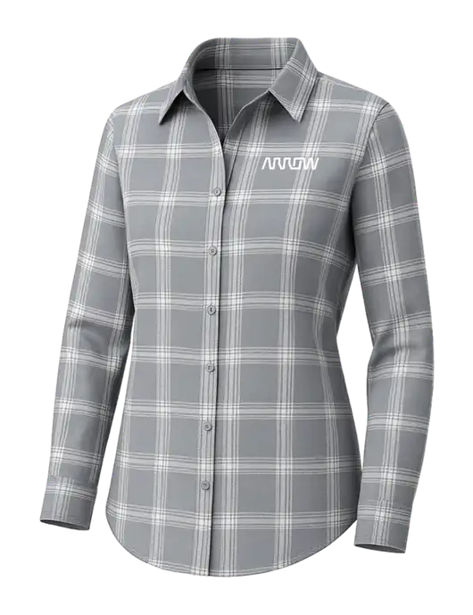 Womens Medium Grey/Cream Open Plaid Flannel Tunic w/Arrow Electronics Logo