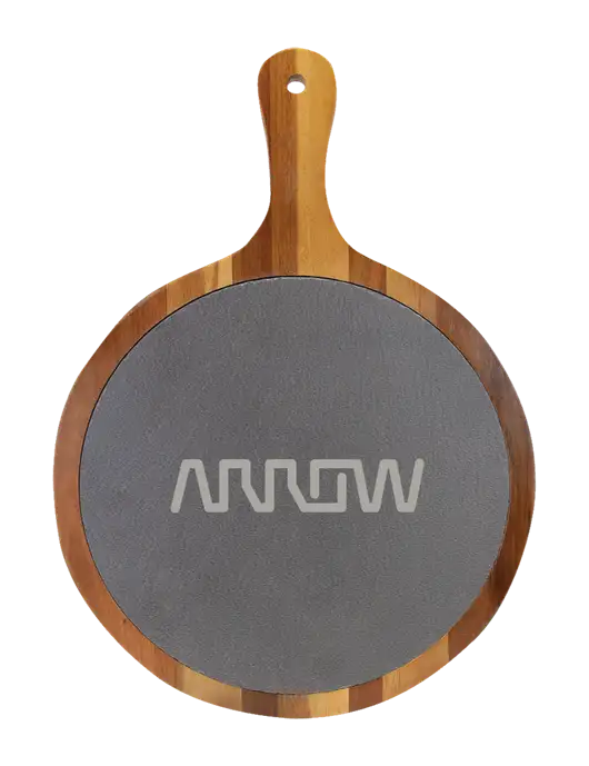 Acacia Wood & Slate Round Cutting Board & Handle 10.5 x 14.5 w/Arrow Electronics Logo
