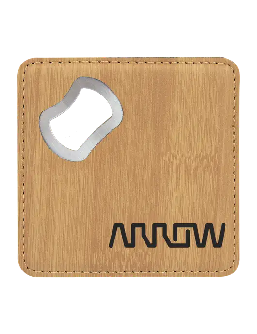 Bamboo Leatherette Coaster with Bottle Opener w/Arrow Electronics Logo