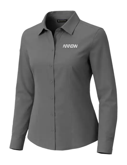 Brooks Brothers Womens Full-Button Dark Medium Grey Satin Blouse w/Arrow Electronics Logo