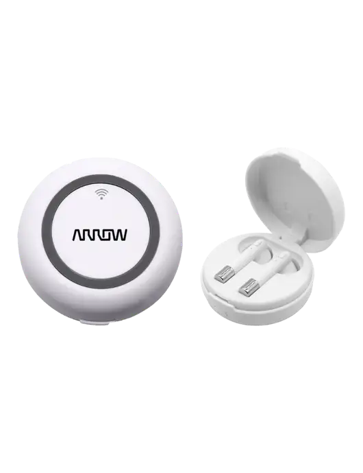 Harmony White Wireless Earbuds and Charging Pad w/Arrow Electronics Logo